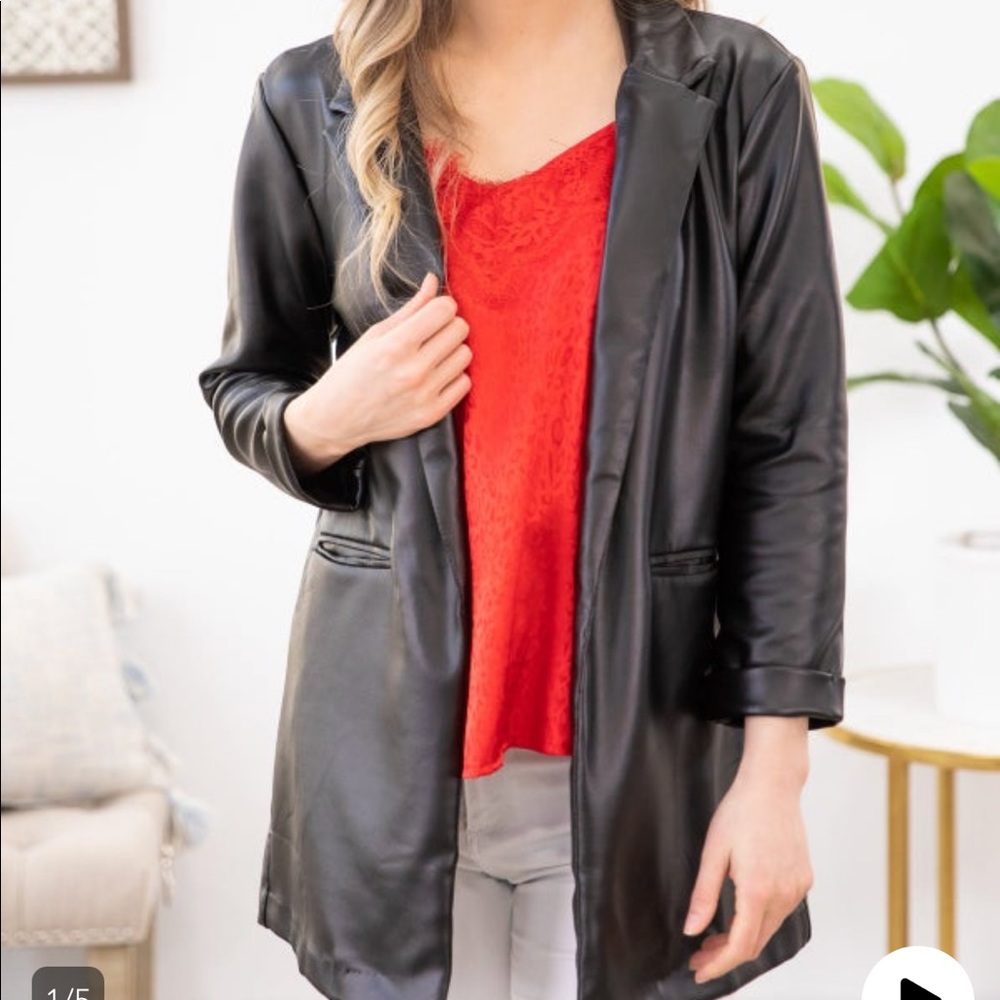 Have Black Faux Leather Blazer with Red Top
